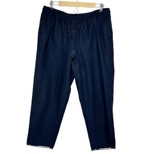 Talbots Linen Navy Blue Elastic Adjustable Waist Cropped Pants 8 Cruise Resort